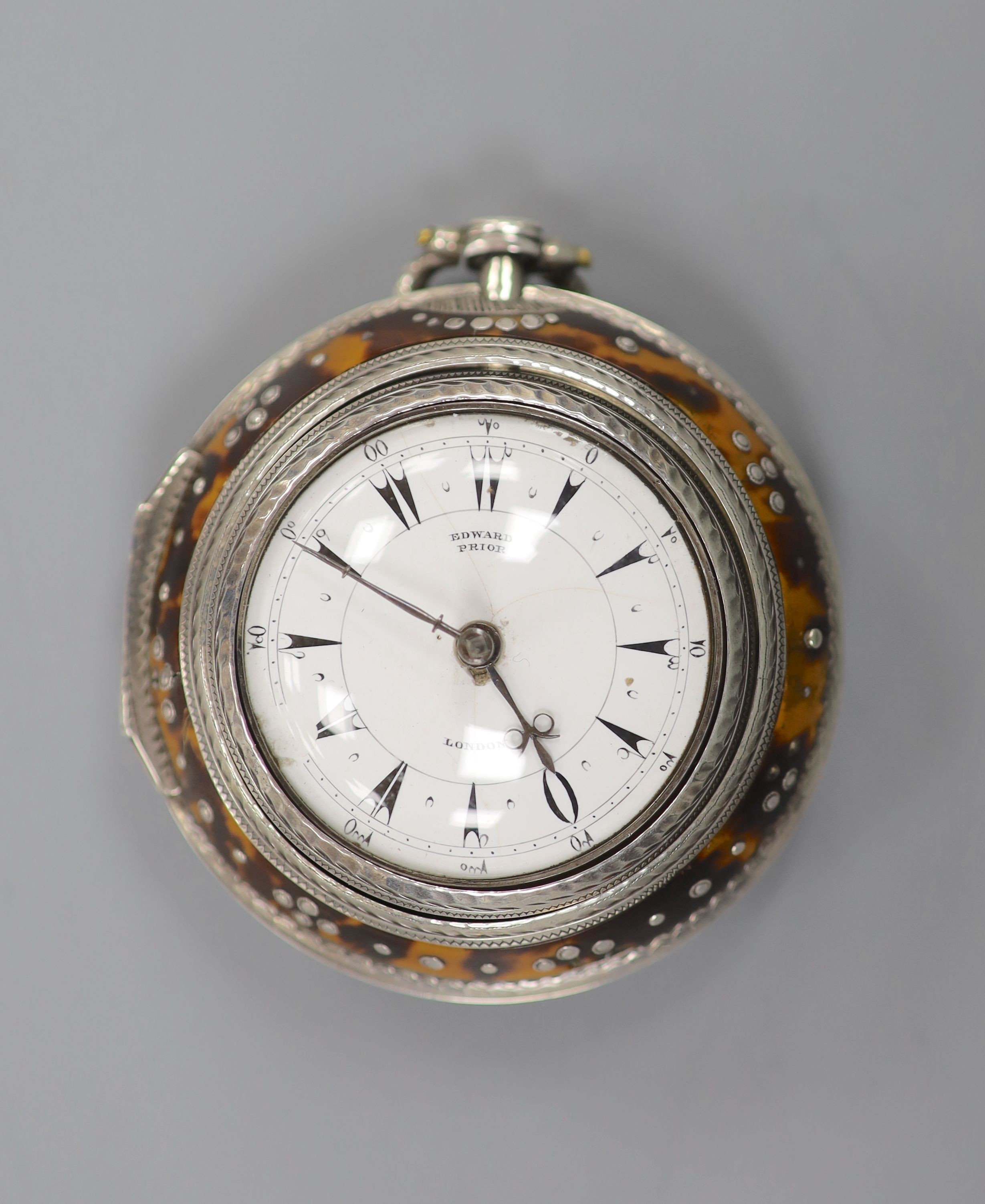 A 19th century silver and tortoiseshell triple case keywind verge pocket watch, for the Turkish market, by Edward Prior, London, case diameter 60mm (dial a.f.).